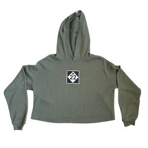 M22 Women Cropped Hoodie Olive Green Logo Fleece Sweatshirt Size L